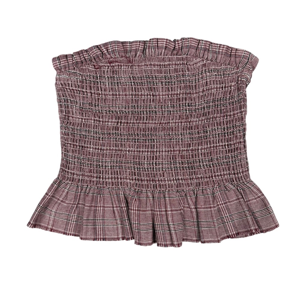 Cotton Candy LA Burgundy Plaid Smocked Tube Top Size S Peplum Strapless Crop